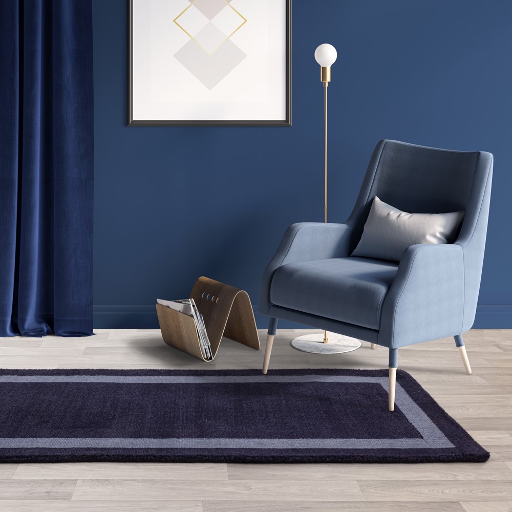 Albi Border Plain Classic Wool Runner Rugs in Navy Blue